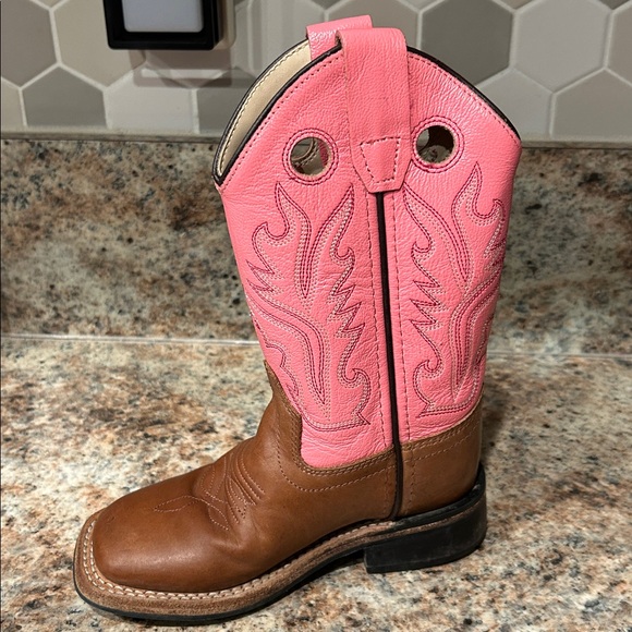 Old West Girls 10 Brown & Pink Leather Cowgirl Boots Square Toe Western - Picture 3 of 10